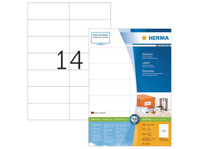HERMA PREMIUM etiketten met rechte hoeken (grootverpakking) 105x42,3 mm, 4625 (verpakking 2800 stuks)