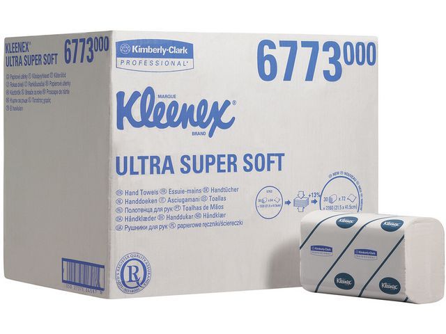 Kleenexu00ae Ultra supersoft gevouwen handdoek extra Interfold, wit, 3 laags, 21.5 x 41.5 cm (doos 30 x 72 vel)