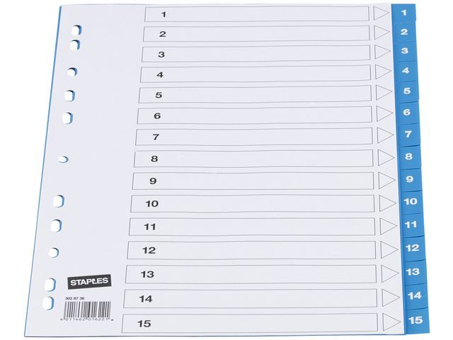 OUR CHOICE Blauwe kunststof tabbladen 11 rings, bedrukte tabs, 1-15 (set 15 vel)